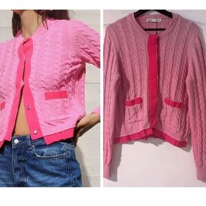 Zara | Contrast Cable Knit Cardigan In Pink